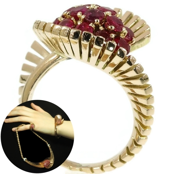 Typical Fifties pink gold ring with rubies signed Wolfers and part of a parure